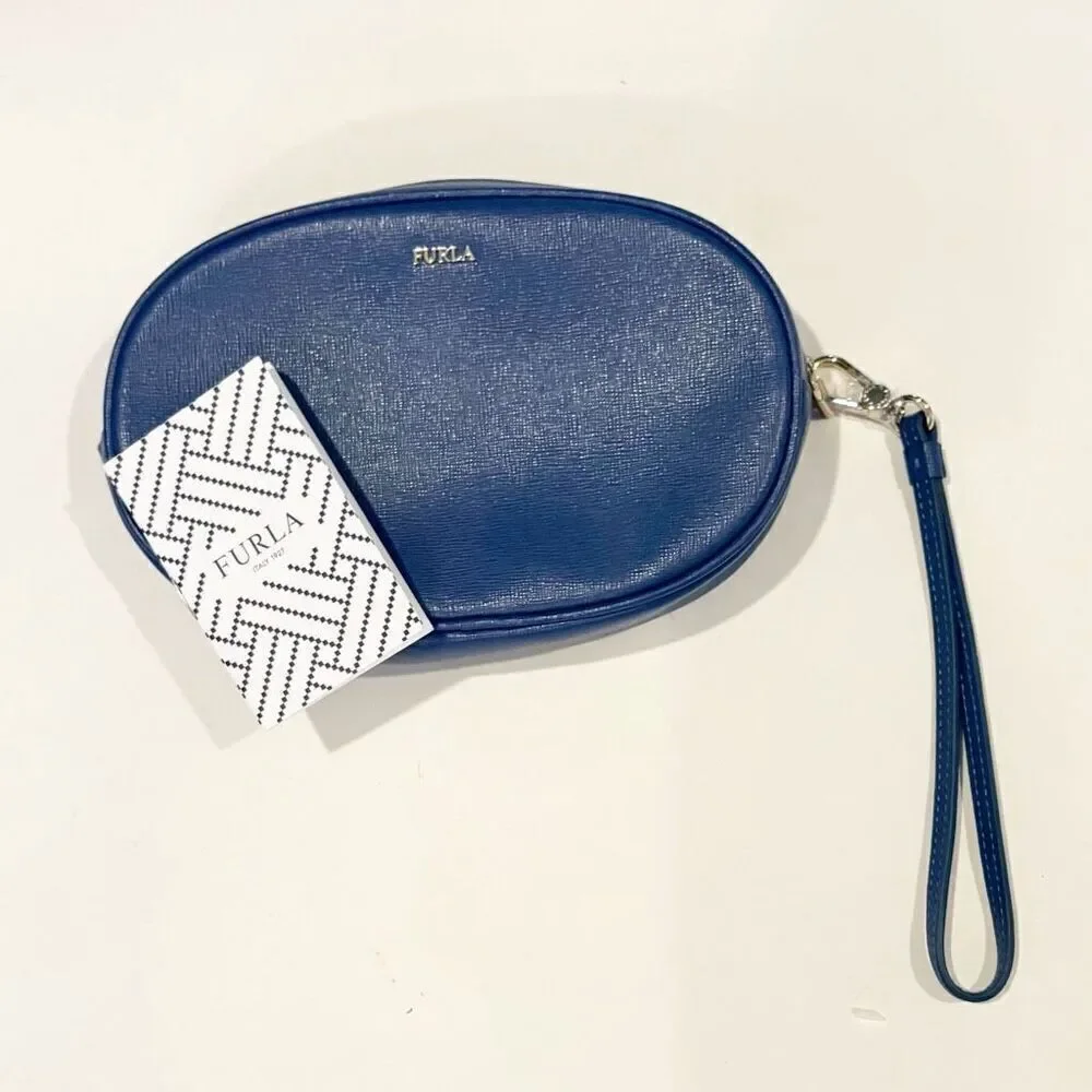 NWT FURLA  Leather Electra Cosmetic Pouch Bag Blue $110.00